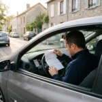 Conducteur au volant de sa voiture garée qui lit un courrier : son assurance auto augmente sans raison