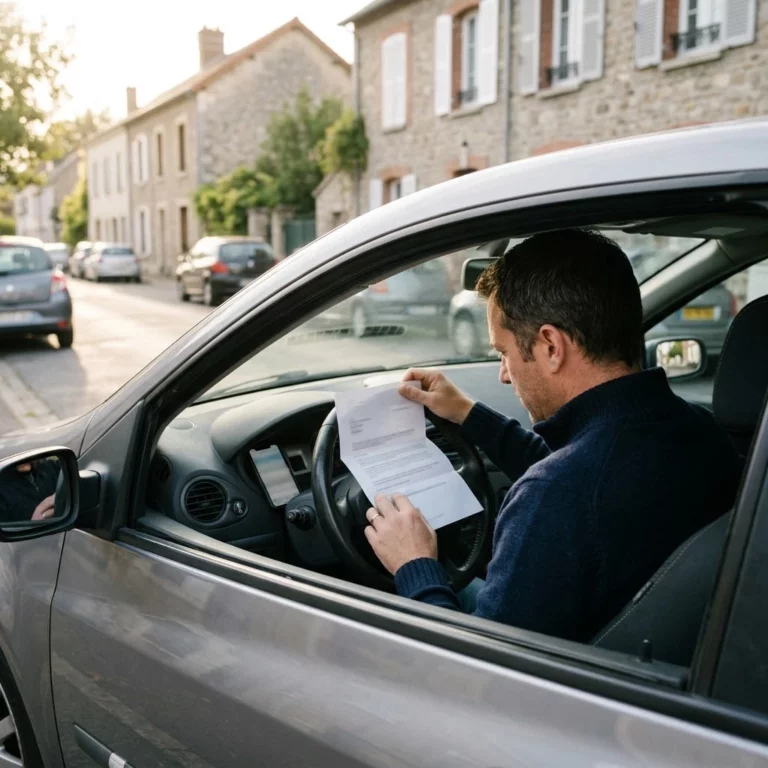 Conducteur au volant de sa voiture garée qui lit un courrier : son assurance auto augmente sans raison